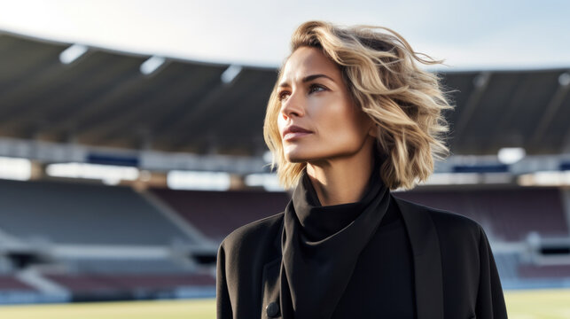 Outdoor portrait of active smiling middle aged woman looking at camera
