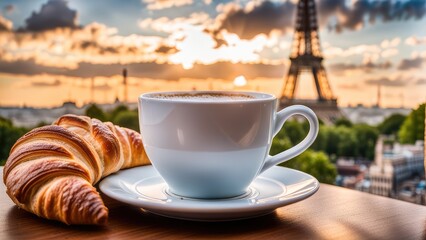 A white cup of coffee in the morning with croissant on the background of the Eiffel Tower at noon. France, morning, vacation.