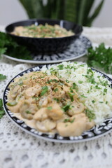 chicken stroganoff with sour cream, fresh greens, and rice. Paprika Chicken Stroganoff