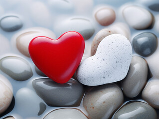 Fototapeta premium The red and white hearts lie on small sea rocks