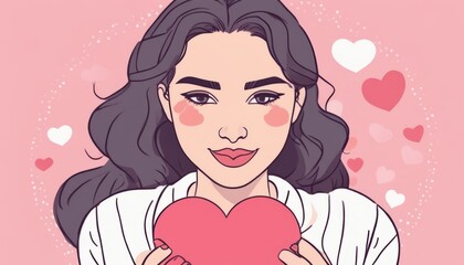 A woman with dark hair and a pink heart