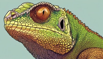 A green lizard with a yellow tongue and a red eye