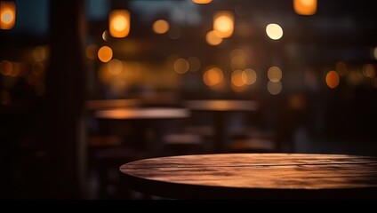 Fototapeta premium Scene bar captures essence of modern yet cozy space. Vintage wooden table bathed in warm light serves as focal point against dark ambiance of night on blurred cafe background
