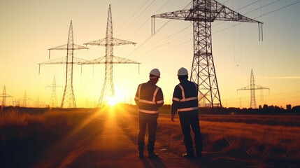 two worker watching the power tower and substation with sunset background - obrazy, fototapety, plakaty