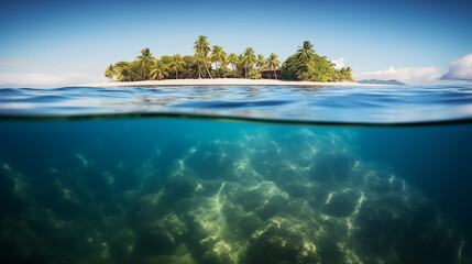 Fototapeta na wymiar Insel im Meer, Halb aus dem Wasser, Unterwasser, Grund, Ozean, generative AI