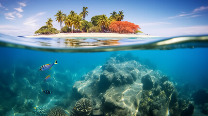 Fototapeta na wymiar Insel im Meer, Halb aus dem Wasser, Unterwasser, Grund, Ozean, generative AI