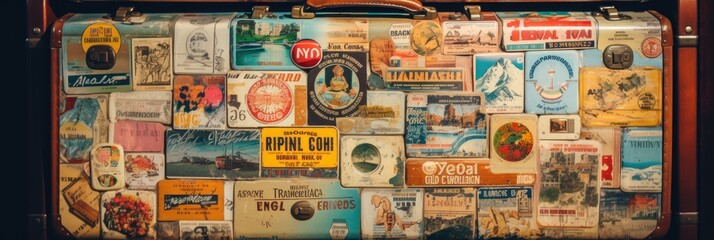 Close-up of a vintage suitcase with travel stickers from around the world