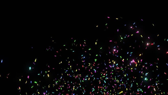 Bright Multicolored Confetti Explosion on Black Background with Alpha Mask. Beautiful Color Falling Confetti Firecracker Isolated 3d Animation. Merry Christmas Cracker 4k Ultra HD 3840x2160