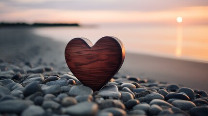 Fototapeta premium Close up of a dark brown wooden Heart in front of a beautiful Seascape. Blurred natural Background