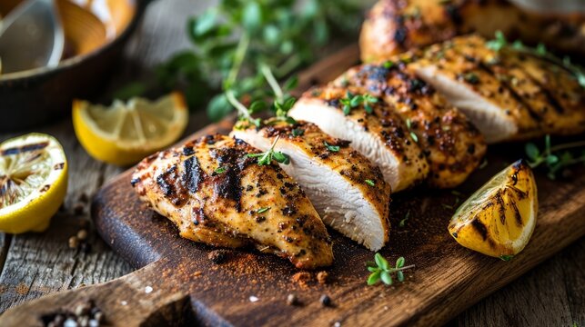 Grilled chicken breast with spice rub and lemon on a cutting board. Top view.