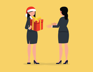 Corporate worker Christmas and New Year congratulations. Business woman boss in Santa Claus hat gift box to employees