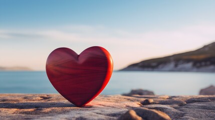 Fototapeta premium Close up of a dark red wooden Heart in front of a beautiful Seascape. Blurred natural Background