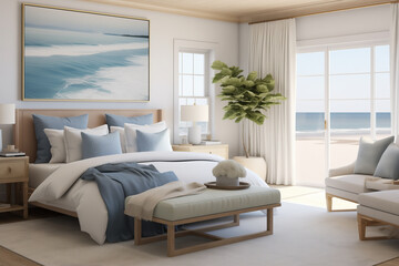 Fototapeta premium Elegant Seaside Bedroom with a View of the Waves