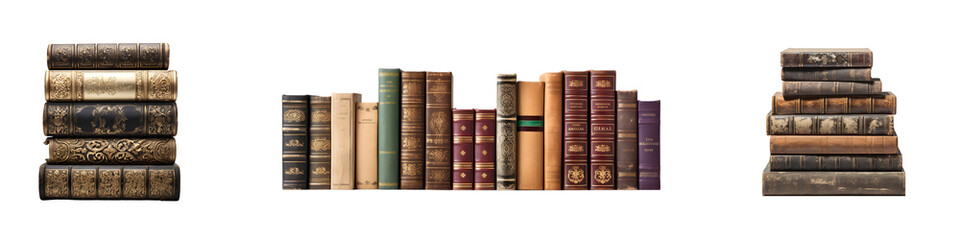 Vintage Book Collections in Various Bindings on Transparent Background