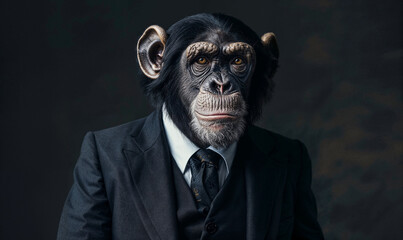 Portrait d'un chimpanzé, habillé en costume trois pièce, avec l'air vachement intelligent vous ne trouvez pas ?
