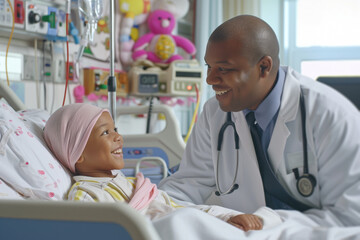 An African American pediatric oncologist empathizes with a girl sick with cancer lying in a hospital bed. - obrazy, fototapety, plakaty
