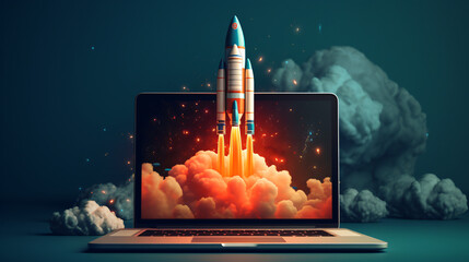 3D llustration of a rocket flying from the laptop screen