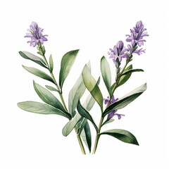 Close-up isolated sage plant illustration. Little purple flowers. White background.