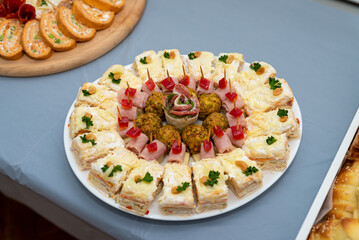 delicious appetizers, canapés, finger food and beautiful food on a platter, servnig platter