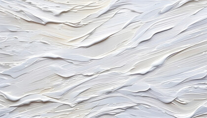 High-resolution close-up of textured white abstract art painting, emphasizing oil brushstroke and palette knife paint on canvas, creating a seamless pattern.