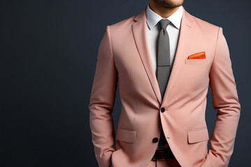 Man in pink suit and tie with pocket square.