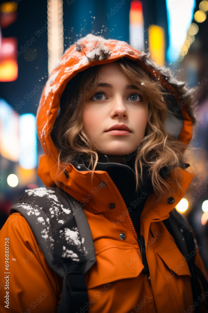 Poster woman in orange jacket and black backpack.