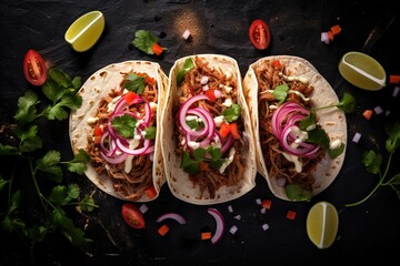 Three mexican pork carnitas tacos flat lay composition