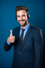 Man in suit and tie giving thumbs up.