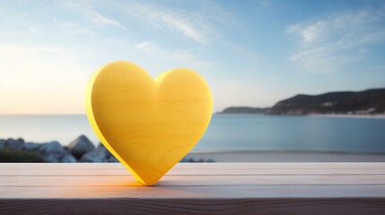 Fototapeta premium Close up of a light yellow wooden Heart in front of a beautiful Seascape. Blurred natural Background