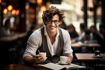 The affable young man with lively eyes and classic spectacles reads the newspaper, smiling as he pours himself another cup of his favorite coffee at a street-side cafe.