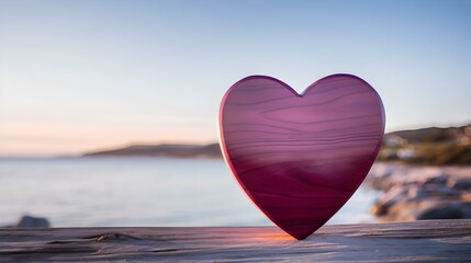 Fototapeta premium Close up of a magenta wooden Heart in front of a beautiful Seascape. Blurred natural Background