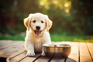 A small puppy eats food from a bowl. The puppy is smiling and lying on the floor, generative AI
