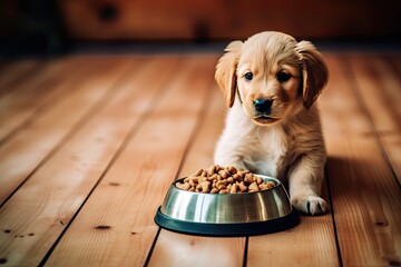 A small puppy eats food from a bowl. The puppy is smiling and lying on the floor, generative AI - obrazy, fototapety, plakaty