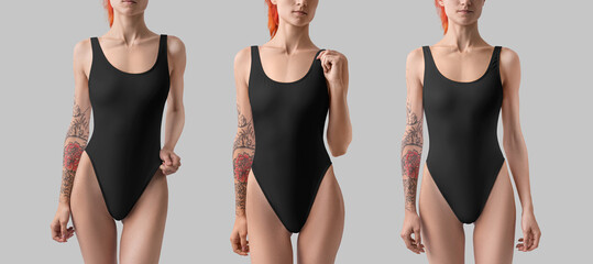 Mockup of a black one piece swimsuit on a slender girl, front view. Fashionable women's bodysuit...