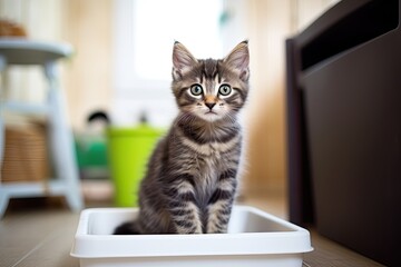photo of a cute kitten standing near a litter tray, a toilet for a cat, generative AI