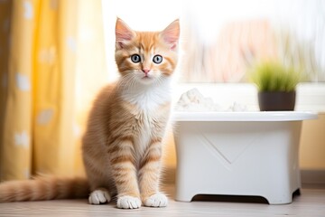 photo of a cute kitten standing near a litter tray, a toilet for a cat, generative AI