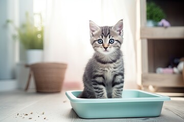 photo of a cute kitten standing near a litter tray, a toilet for a cat, generative AI - obrazy, fototapety, plakaty