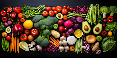 Flatlay of various vegetables and fruits