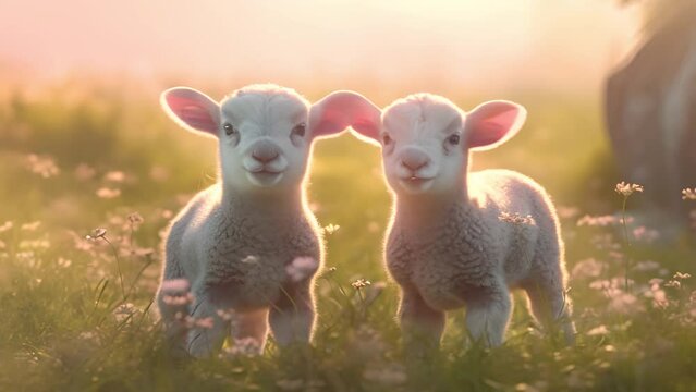 Beautiful meadow field with fresh grass and yellow dandelion flowers in nature with two cute lambs. Summer spring perfect natural landscape. Newborn animals Sunlight shining