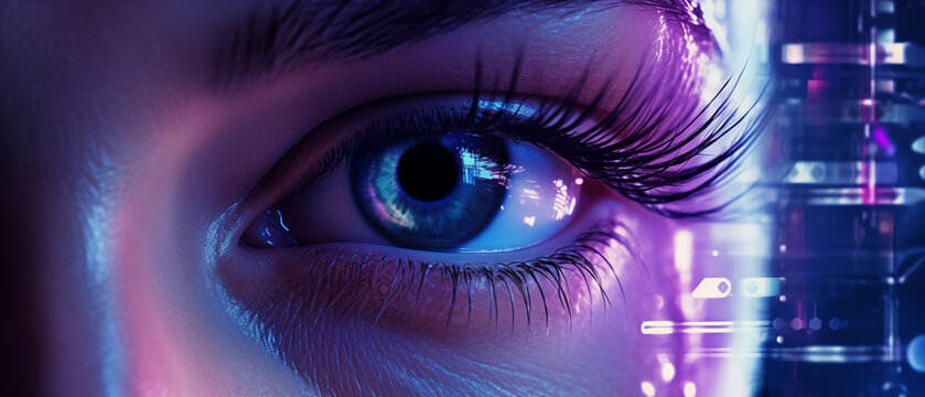 Close-up of the eye, next to it futuristic high-tech elements on the subject of artificial intelligence and digitalization