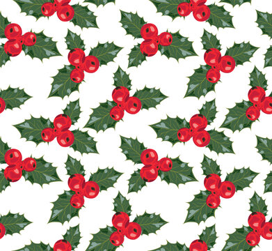 Holly pattern with three leaves and berries. Seamless pattern in vector. Suitable for backgrounds and prints.