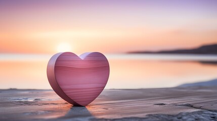 Close up of a pink wooden Heart in front of a beautiful Seascape. Blurred natural Background