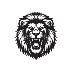 Lion Face Silhouette: The Intensity of a Roaring King, Captivating Mane, and Fierce Gaze in a Striking Black and White Composition
