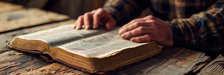 A man sitting by an open Bible is engrossed in prayer - obrazy, fototapety, plakaty