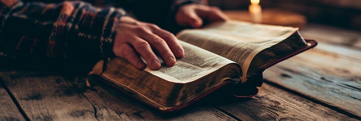 A man sitting by an open Bible is engrossed in prayer - obrazy, fototapety, plakaty