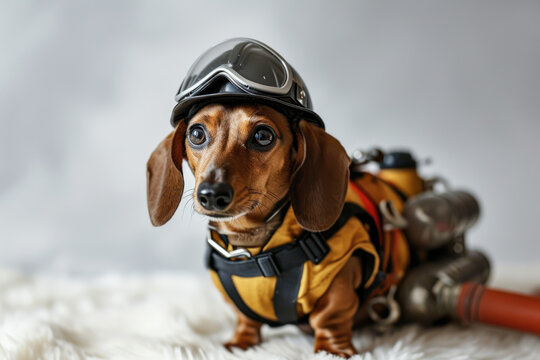 Dapper Dachshund - Minimalist Dachshund dressed as a firefighter with tiny helmet and hose Gen AI