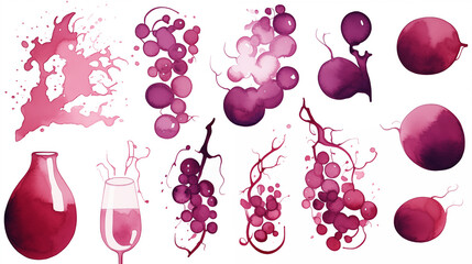 Ilustração manchas de vinho uvas e taças isoladas no fundo branco - papel de parede minimalista com o tema vinho - obrazy, fototapety, plakaty