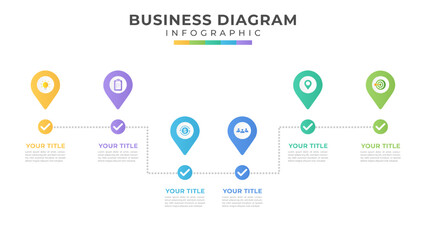 Modern business process template with 6 steps. Easy to use for your website or visualizing presentations.