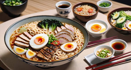 Fototapeta na wymiar Art of Special size Asian Style noodle has many eggs meat and vegetables as topping