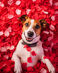 Cachorro fofo deitado em uma cama coberta por pétalas de rosas vermelha - Papel de parede - obrazy, fototapety, plakaty